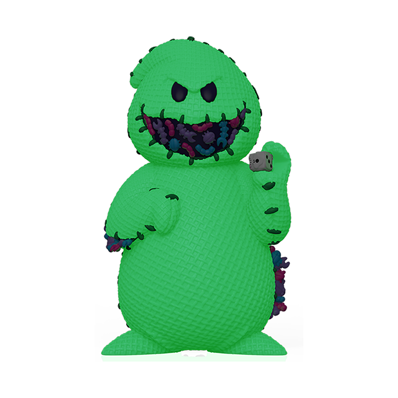 Oogie Boogie glow-in-the-dark chase. He's neon green, holding dice and grinning, revealing multicolored bugs and worms.